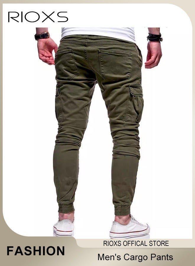 RIOXS Men's Cargo Pants, Baggy Fit Tapered Athletic Pants for Men, Casual Drawstring Sports Trousers with Multi Pocket, Tactical Pantalones Cargo Stretch Sweatpants for Running Jogging Workout, Outrdoor Activity - Image 3