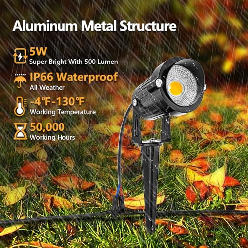 ZUCKEO All-in-One Low Voltage Landscape Lighting Kit, 5W LED Landscape Lights with Transformer, 120FT Wire and Connectors, Waterproof Outdoor Spotlight for Yard Garden House, 3000K 12V-24V, 12Pack - Image 3