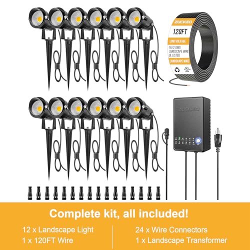 ZUCKEO All-in-One Low Voltage Landscape Lighting Kit, 5W LED Landscape Lights with Transformer, 120FT Wire and Connectors, Waterproof Outdoor Spotlight for Yard Garden House, 3000K 12V-24V, 12Pack - Image 5