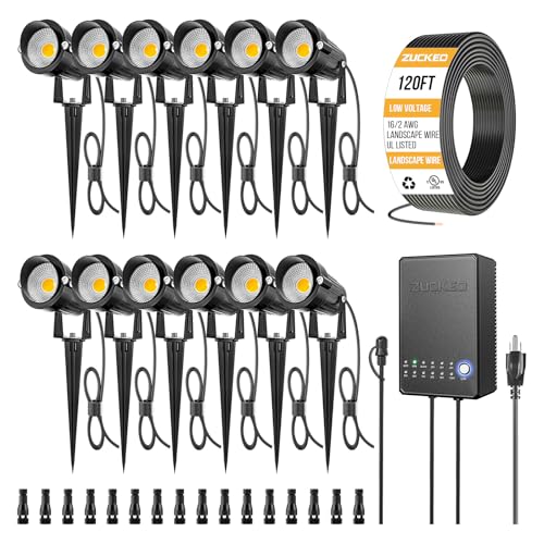 ZUCKEO All-in-One Low Voltage Landscape Lighting Kit, 5W LED Landscape Lights with Transformer, 120FT Wire and Connectors, Waterproof Outdoor Spotlight for Yard Garden House, 3000K 12V-24V, 12Pack - Image 1