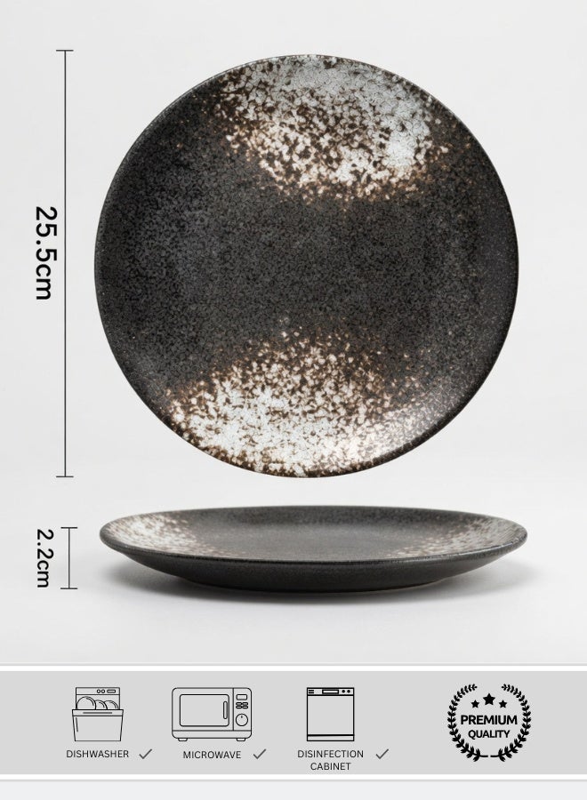 Japanese Style Ceramic Plate, Black - Snow White Creative Round Dinner Plate, Heavy High Quality Dinner Plate, Fruit Plate, Steak Plate for Home & Restaurants, Rustic Creative Dinner Plate - 10 Inch - Image 1