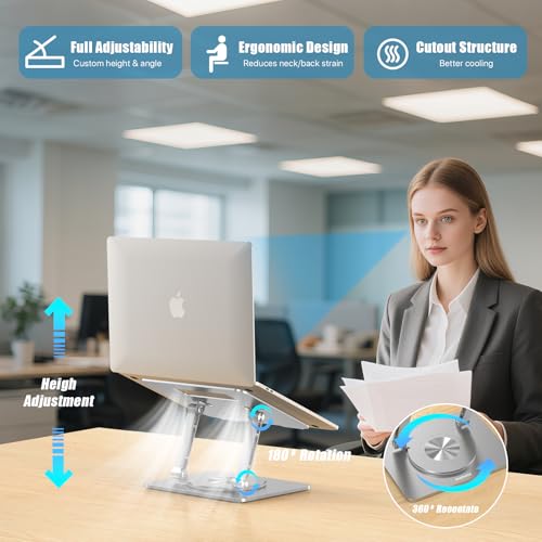 Sopholid Laptop Stand for Desk, Adjustable Height & Angle Portable Aluminum Laptop Riser & Monitor Stand with 360° Swivel, Foldable Ergonomic Computer Stand for 10-17 Inch Laptops (MacBook/Dell/HP), Silver. - Image 2