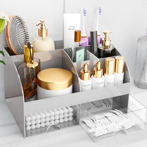 COMFYROOM Makeup Organizer with Drawers Cosmetic Storage for Dresser Vanity and Bathroom Countertop Beauty Holder for Lipstick Brush Skincare Organizer for Vanity Cosmetic Display Case Grey - Image 1