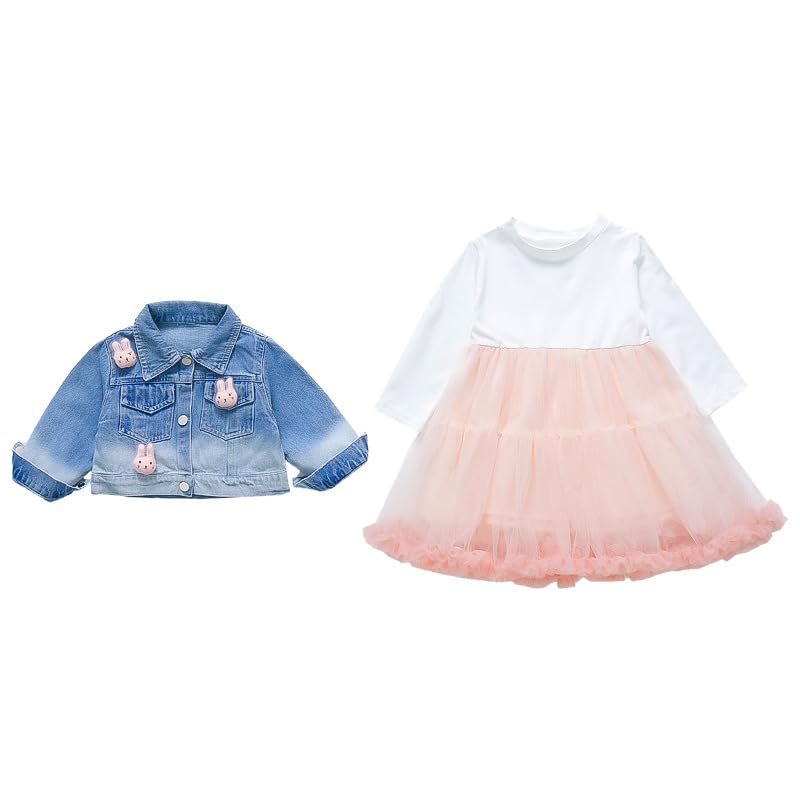 Peacolate 2-7Years Spring Autumn Little Big Girl 2pcs Dresses Clothing Sets Long Sleeve Dress and Denim Jacket(Pink,7Y) - Image 4