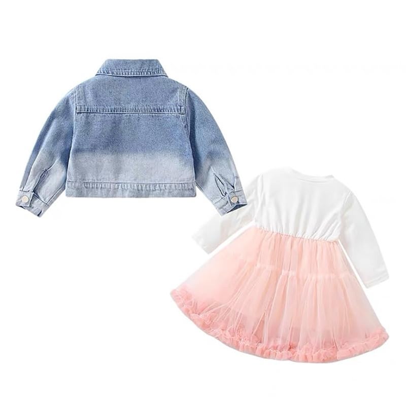 Peacolate 2-7Years Spring Autumn Little Big Girl 2pcs Dresses Clothing Sets Long Sleeve Dress and Denim Jacket(Pink,7Y) - Image 3