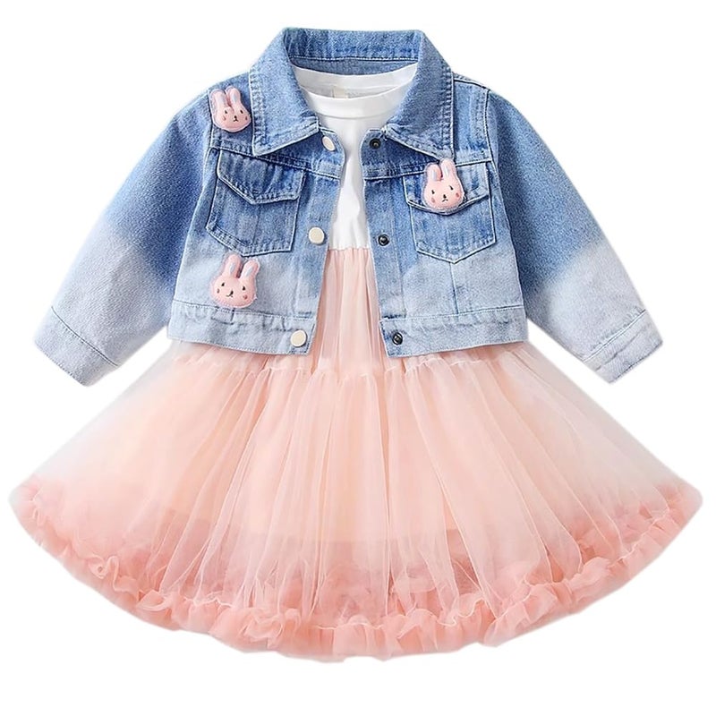 Peacolate 2-7Years Spring Autumn Little Big Girl 2pcs Dresses Clothing Sets Long Sleeve Dress and Denim Jacket(Pink,7Y) - Image 1