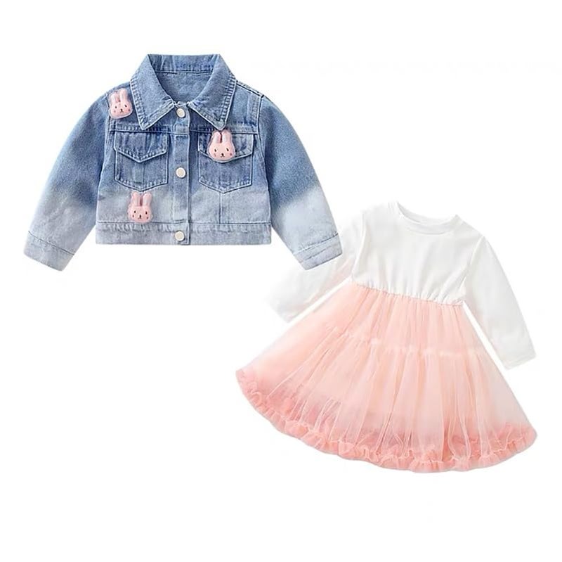 Peacolate 2-7Years Spring Autumn Little Big Girl 2pcs Dresses Clothing Sets Long Sleeve Dress and Denim Jacket(Pink,7Y) - Image 2