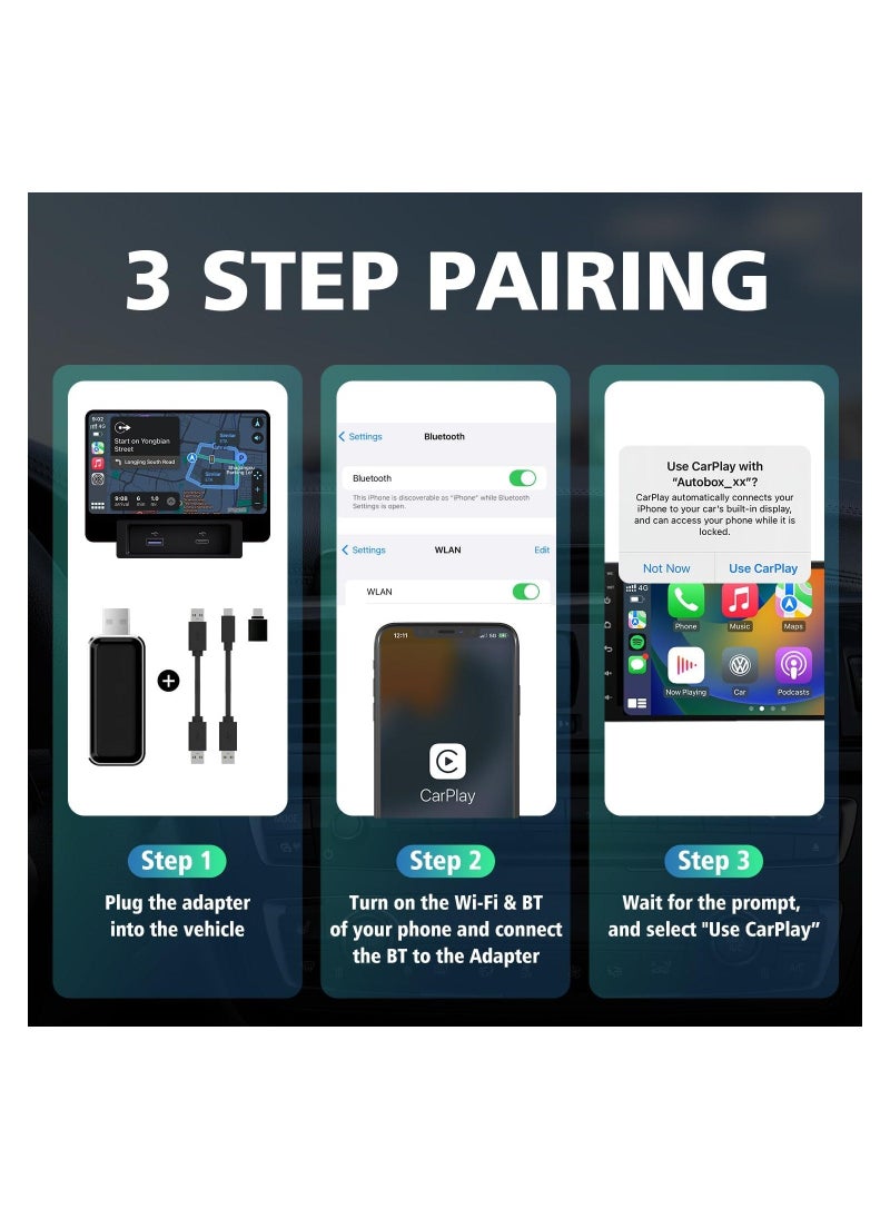 Wireless Apple Carplay Adapter, Online Update Carplay Wireless Adapter, for Factory Wired Apple Carplay Auto Connect Wireless Carplay Converts Cars from 2017 & iOS 13+, 3 Adapters, Fast and Easy Use - Image 3