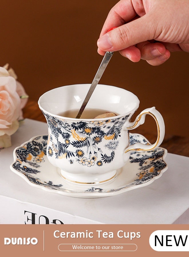 DUNISO Ceramic Tea Cups and Saucers Set, Porcelain Tea Set for Tea Party, Afternoon Tea Cups Saucer for Coffee Drinks and Tea, Kitchen and Living Room Saucers Set,Ceramic Coffee Cup for Office and Home - Image 1