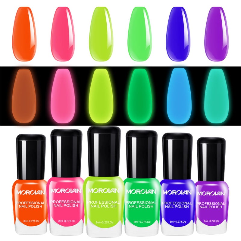 Morovan Neon Nail Polish Set: Glow in The Dark Fingernail Polish Kit Air Quick Dry Regular Nail Polish Pack for Halloween Christmas Winter Nail Art Gift Holiday Party - Image 1