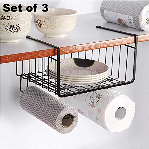 Styleys Iron Multifunctional Kitchen Under Cabinet Shelf Basket Wire Rack Organizer Storage with Tissue Holder, S11088, Black - Pack of 3 - Image 2