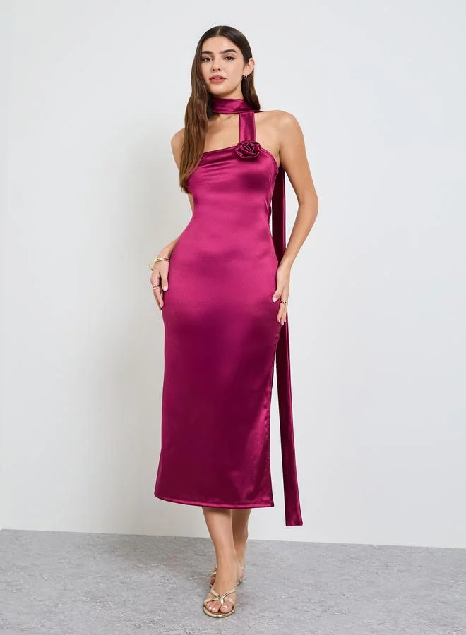 تايك تو Burgundy Bandeau Midi Dress with Neck Scarf