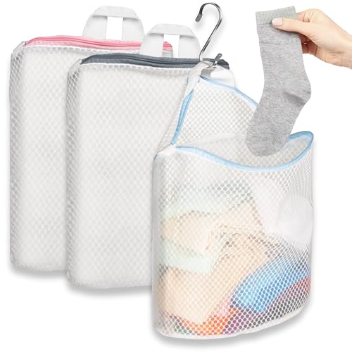 Cociat 3Pcs Hanging Laundry Bags for Socks with S Hooks, 12 X 10 inch 3 Color Mesh Laundry Bags for Washing Machine - Image 1