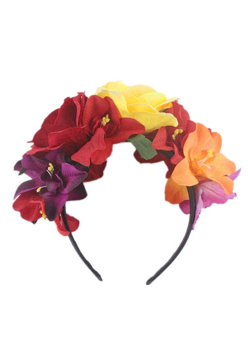 Mexican Flower Crowns Headband, Headpiece for Halloween Festival Party（Yellow deep red） - Image 1