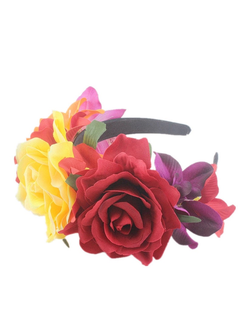 Mexican Flower Crowns Headband, Headpiece for Halloween Festival Party（Yellow deep red） - Image 2
