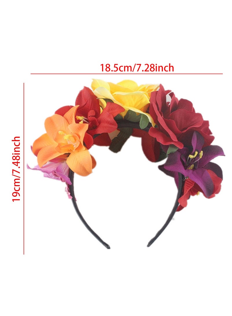 Mexican Flower Crowns Headband, Headpiece for Halloween Festival Party（Yellow deep red） - Image 3