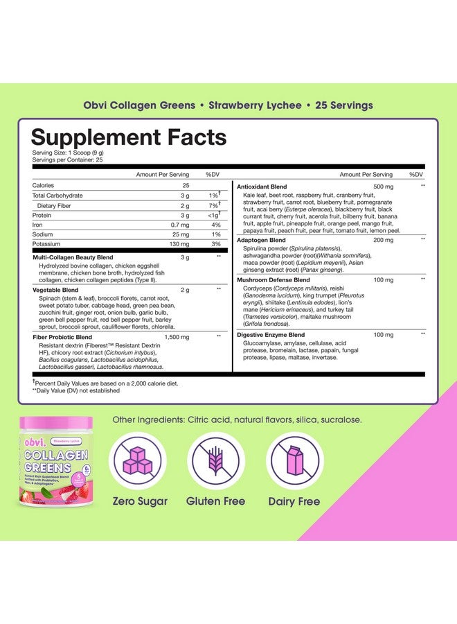 Obvi Collagen Greens | Organic Greens Superfood Powder with Collagen Peptides | Probiotics for Gut Health, Skin, Hair, Nails | Gluten-Free, Zero Sugar | Strawberry Lychee Flavor, 25 Servings - Image 2