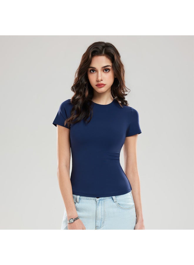 American-style Solid Color Short-sleeve Regular Shoulder T-shirt For Women, Naked-feel Quick-dry Yoga Wear, Slim-fit, Slimming Sports Fitness Running Top