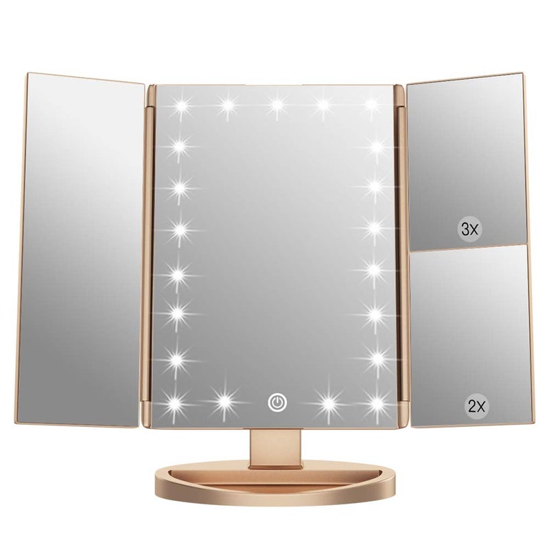 WEILY Vanity Makeup Mirror1x2x3x TriFold Makeup Mirror with 21 LED Lights and Adjustable Touch Screen Lighted Mirror Dressing Mirrors for WomenGirl Gold