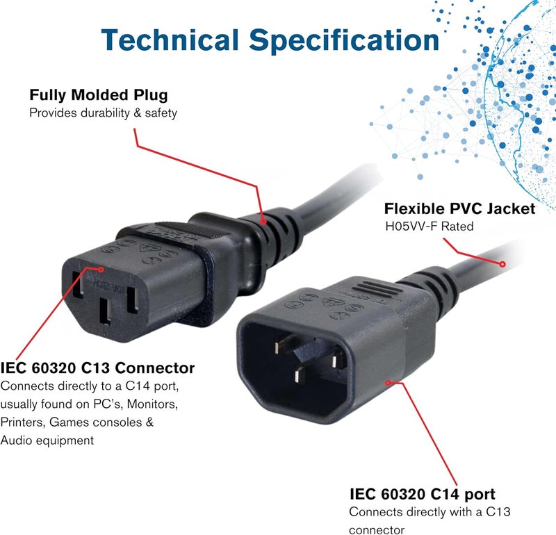 سي2جي سلك تمديد كمبيوتر 0.5 متر 18 AWG (IEC320C13 إلى IEC320C14) بطول 1.5 قدم، أسود - Image 3