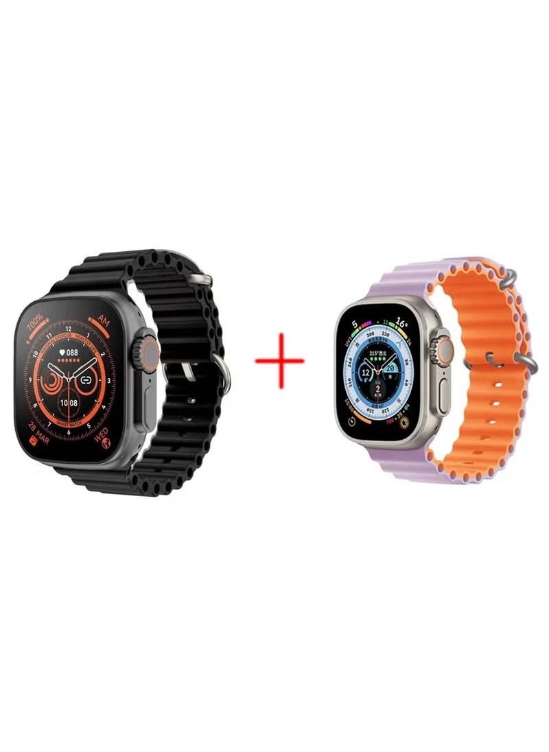 Generic - Series 8 Ultra MX-WH05 Smart watch with NFC and Wireless Charging Black Plus 1 Ocean Silicone Rubber Watch Band Strap for Apple Watch Ultra 42mm/44mm/45mm/49mm Dual Colored Pink/Orange - Image 1