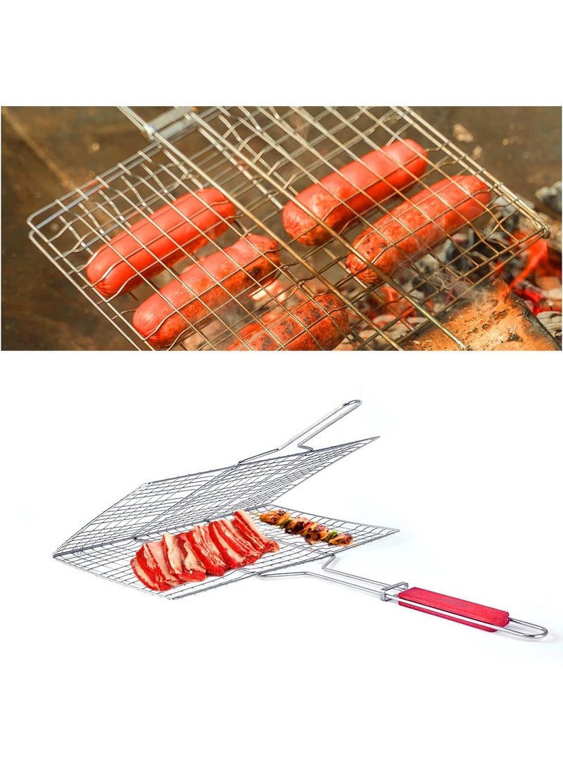 Harions Harions Portable Stainless Steel Barbecue Grill Mesh Basket Roast Grilling Tray Chromium Plated with Wooden Handle 48 x 34 x 2  - Image 3
