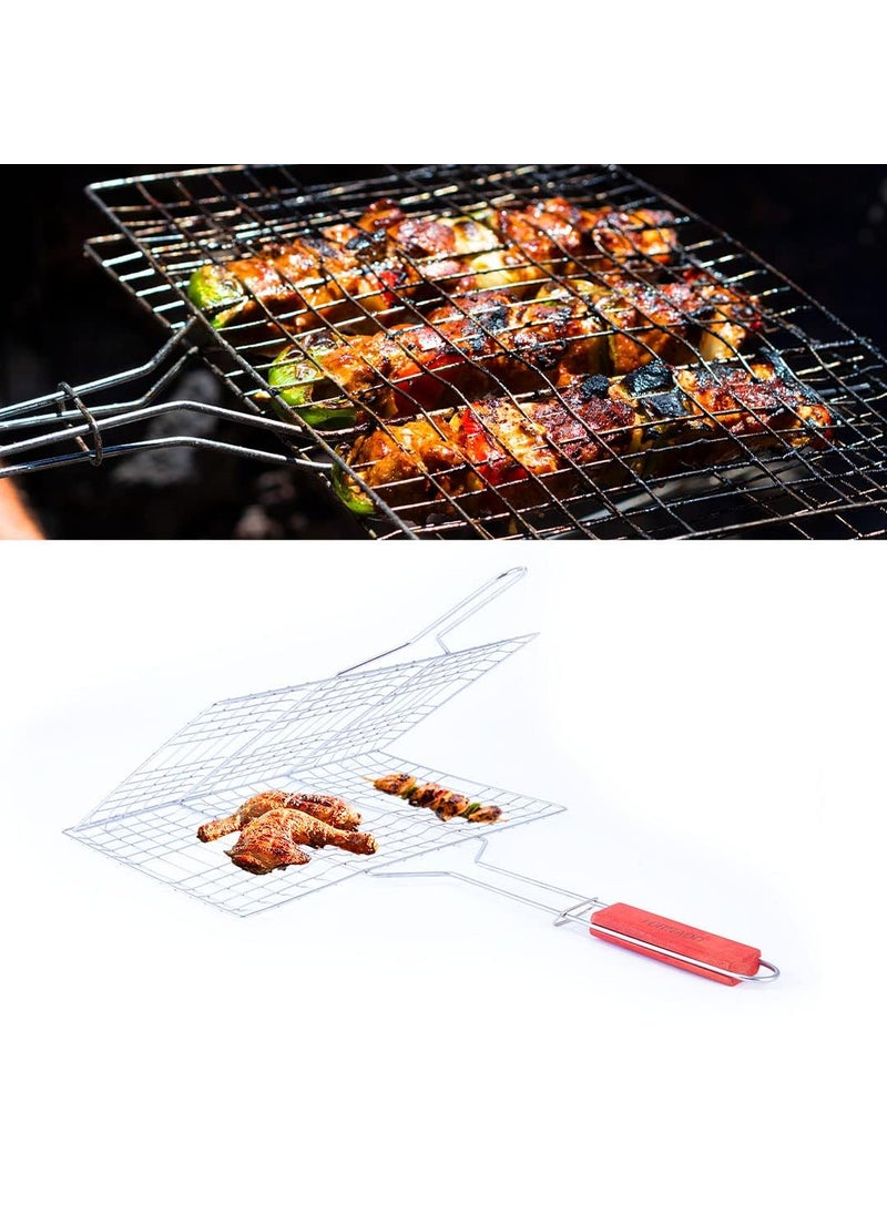 Harions Harions Portable Stainless Steel Barbecue Grill Mesh Basket Roast Grilling Tray Chromium Plated with Wooden Handle 48 x 34 x 2  - Image 5