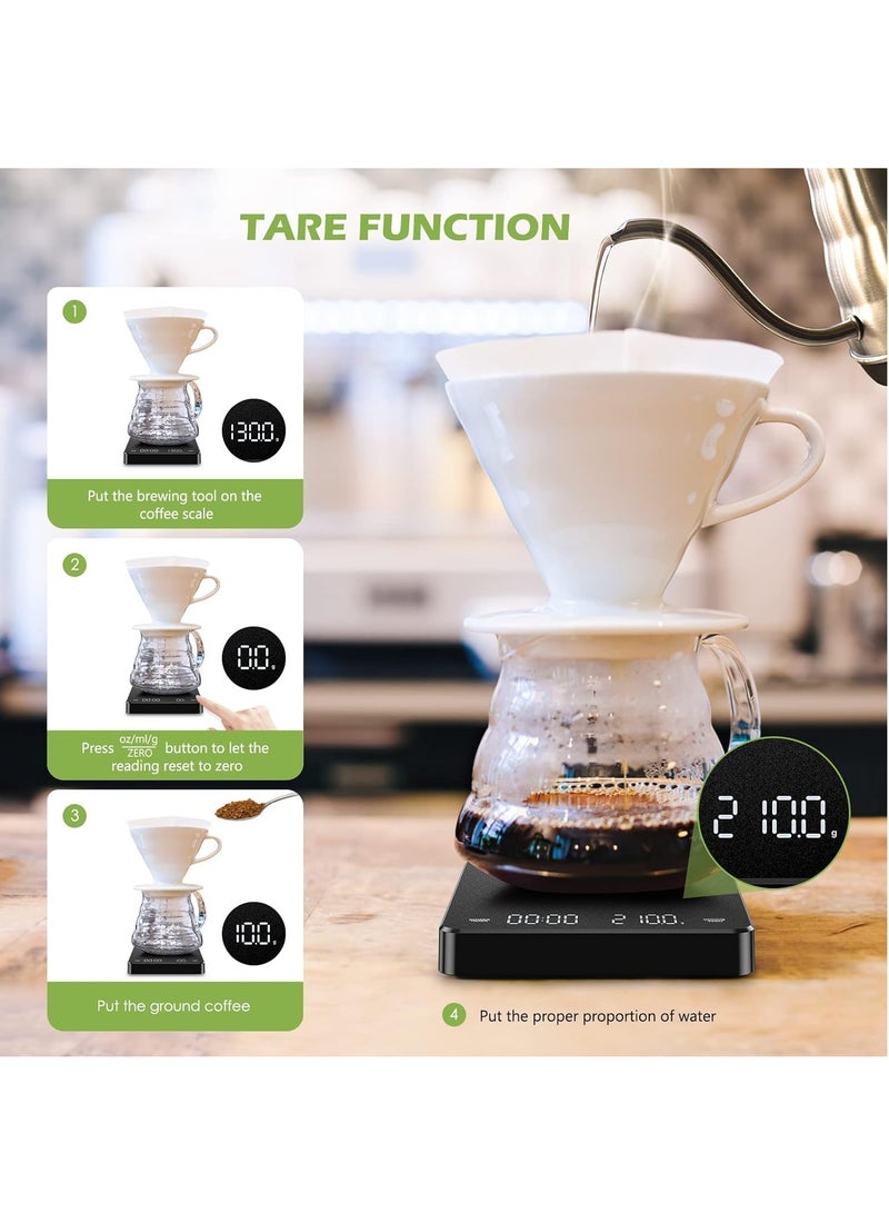 Digital Coffee Scale with Timer, 3 KG/0.1 g Rechargeable Kitchen Scale with Invisible Screen, Tare and Auto On/Off Functions, Measures in Grams/Ounces/Milliliter (Black)  - Image 3