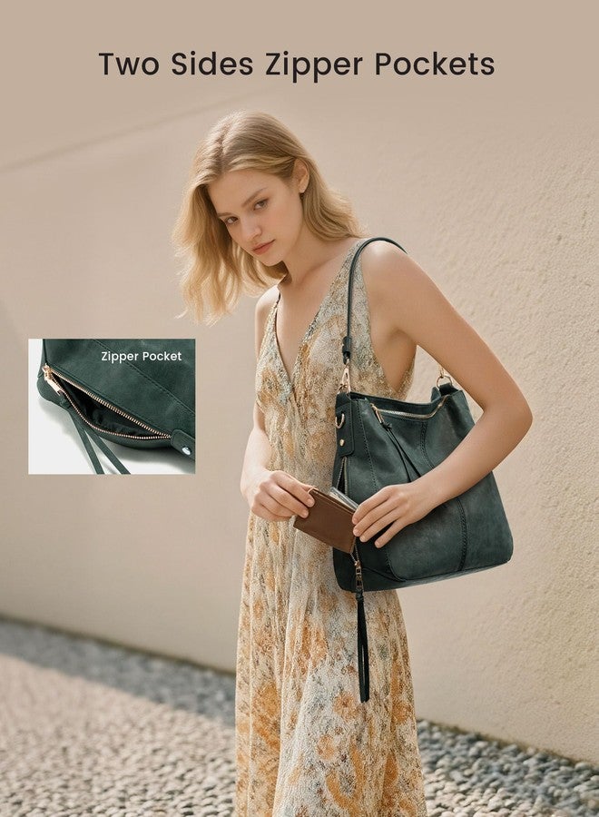Realer Hobo Crossbody Bags for Women Designer Faux Leather Hobo Handbags Retro Large Size Shoulder Bag Bucket Purse, Green, Medium-12.4 inch - Image 2