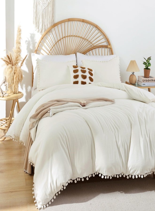 YIRDDEO Ivory Full Ball Pom Fringe Design Comforter Set 3pcs, White Boho Aesthetic Luxurious Full Bedding Set, Vintage Ultra Soft Microfiber Comforter Set (1 Comforter, 2 Pillowcases) - Image 1