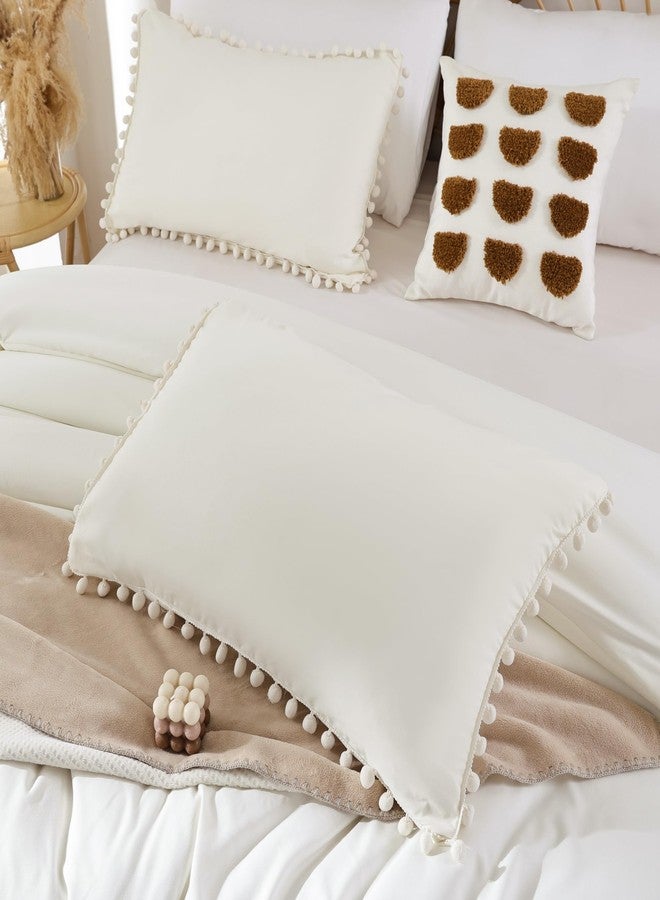 YIRDDEO Ivory Full Ball Pom Fringe Design Comforter Set 3pcs, White Boho Aesthetic Luxurious Full Bedding Set, Vintage Ultra Soft Microfiber Comforter Set (1 Comforter, 2 Pillowcases) - Image 5