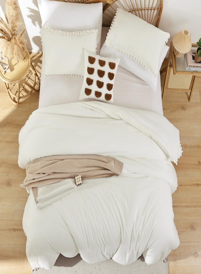 YIRDDEO Ivory Full Ball Pom Fringe Design Comforter Set 3pcs, White Boho Aesthetic Luxurious Full Bedding Set, Vintage Ultra Soft Microfiber Comforter Set (1 Comforter, 2 Pillowcases) - Image 4