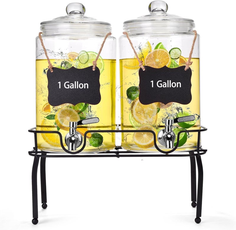 Edycur 1 Gallon Glass Drink Dispenser Set of 2, Drink Dispensers for Parties, Beverage Dispenser with Stand, Glass Lid, 100% Leakproof Spigot, Ideal for Lemonade, Juice, Iced Tea, Laundry Detergent Dispenser - Image 1