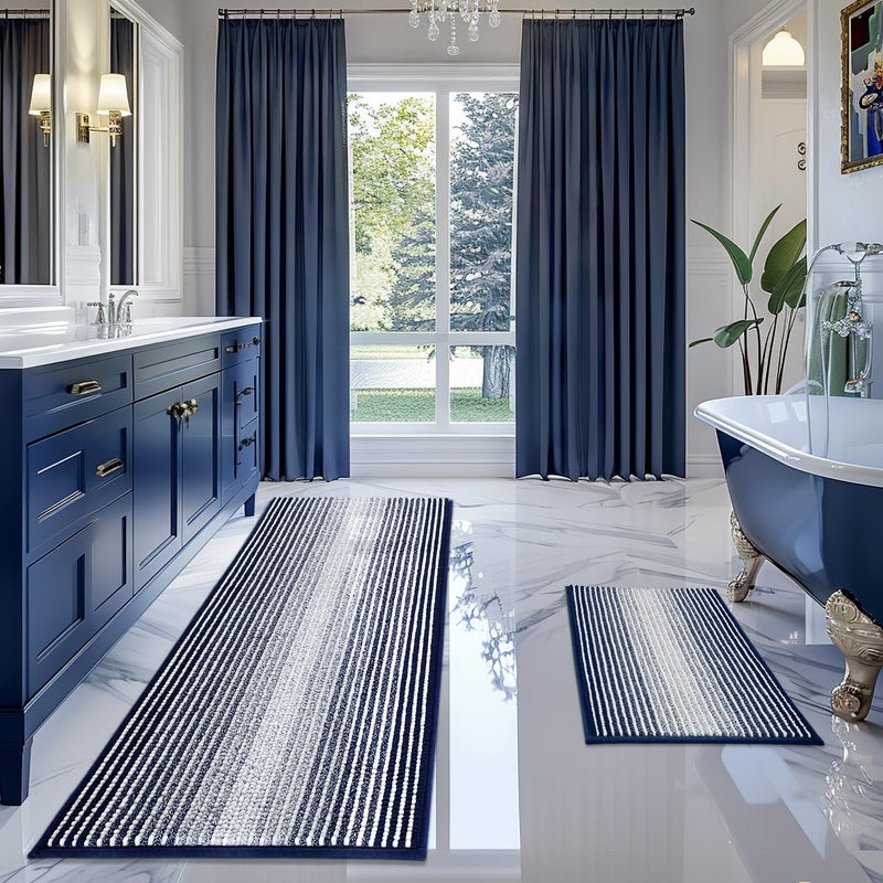 BSICPRO BSICPRO Bathroom Rugs and Mats Sets 2 Piece Thick Absorbent Chenille Bath Mat Rug Set Non Slip Soft Shaggy Bath Room Floor Mats for Bathroom Machine Washable Navy 20 x 60 Plus 20 x 32