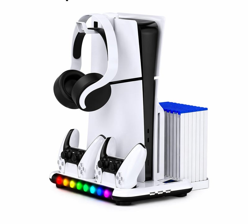 PSS Compatible with PS 5 S tand for PS 5/ PS5 Slim Console Disk/Digital Cooling Stand 3 Levels Fan RGB LED, Dual Controller Charging Station for PS5 Accessories,Headset Holder, 13 Game Disk Stand - Image 1