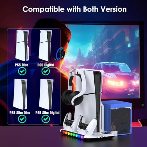 PSS Compatible with PS 5 S tand for PS 5/ PS5 Slim Console Disk/Digital Cooling Stand 3 Levels Fan RGB LED, Dual Controller Charging Station for PS5 Accessories,Headset Holder, 13 Game Disk Stand - Image 4