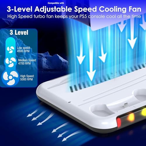 PSS Compatible with PS 5 S tand for PS 5/ PS5 Slim Console Disk/Digital Cooling Stand 3 Levels Fan RGB LED, Dual Controller Charging Station for PS5 Accessories,Headset Holder, 13 Game Disk Stand - Image 3
