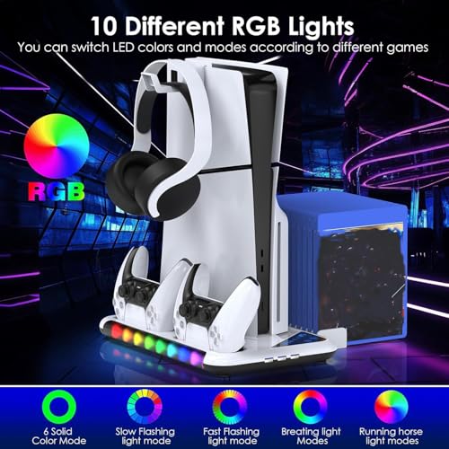 PSS Compatible with PS 5 S tand for PS 5/ PS5 Slim Console Disk/Digital Cooling Stand 3 Levels Fan RGB LED, Dual Controller Charging Station for PS5 Accessories,Headset Holder, 13 Game Disk Stand - Image 2