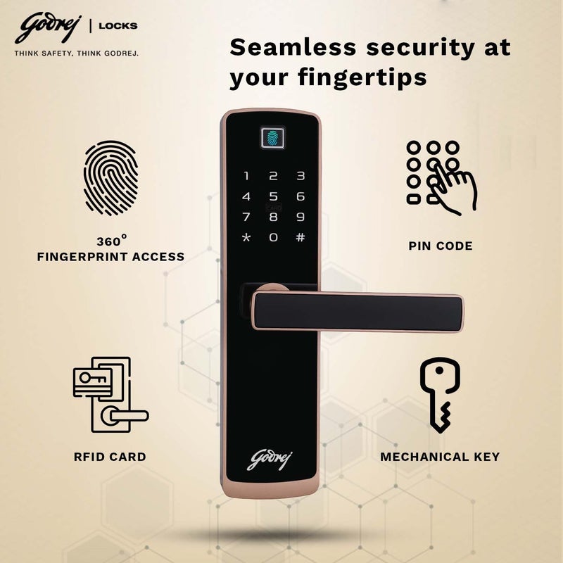 Godrej Locking Solutions and Systems Godrej Smart Lock I Catus Touch Plus I Digital Lock for Wooden Door I 4 in 1 Access I Fingerprint I RFID I PIN Access I Mechanical Key I 3 Strong Locking Dead Bolts I Rose Gold Finish I 3 Yr Warranty  - Image 3