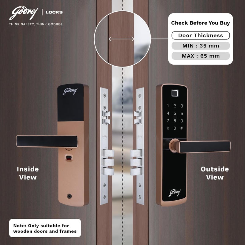 Godrej Locking Solutions and Systems Godrej Smart Lock I Catus Touch Plus I Digital Lock for Wooden Door I 4 in 1 Access I Fingerprint I RFID I PIN Access I Mechanical Key I 3 Strong Locking Dead Bolts I Rose Gold Finish I 3 Yr Warranty  - Image 2