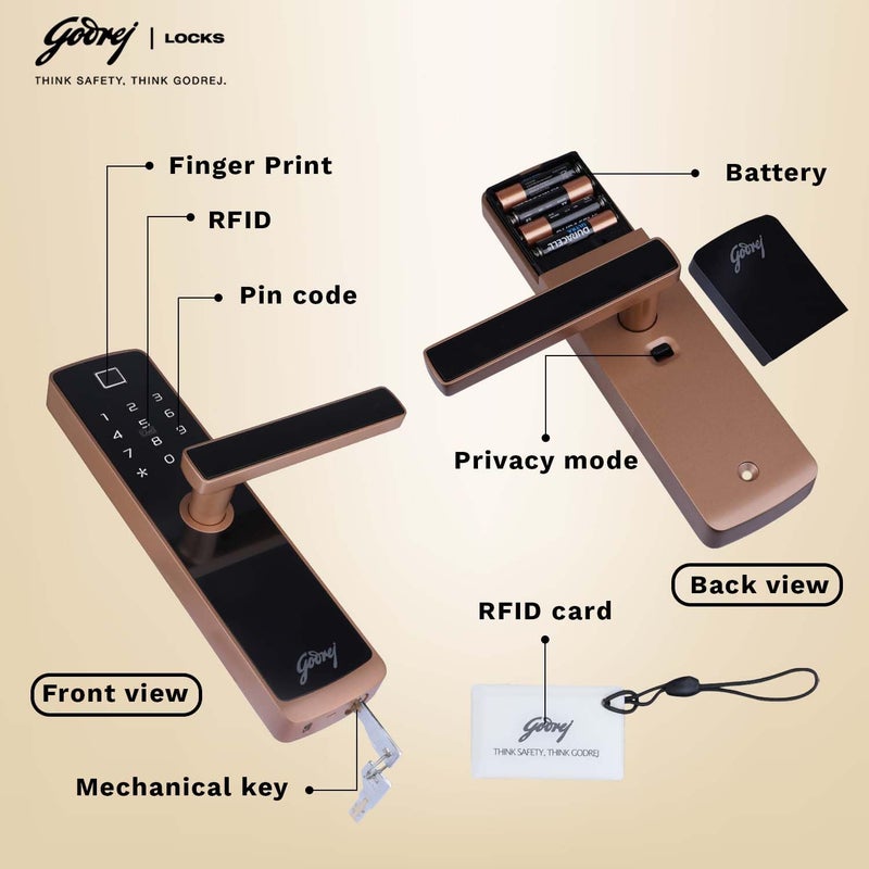 Godrej Locking Solutions and Systems Godrej Smart Lock I Catus Touch Plus I Digital Lock for Wooden Door I 4 in 1 Access I Fingerprint I RFID I PIN Access I Mechanical Key I 3 Strong Locking Dead Bolts I Rose Gold Finish I 3 Yr Warranty  - Image 4