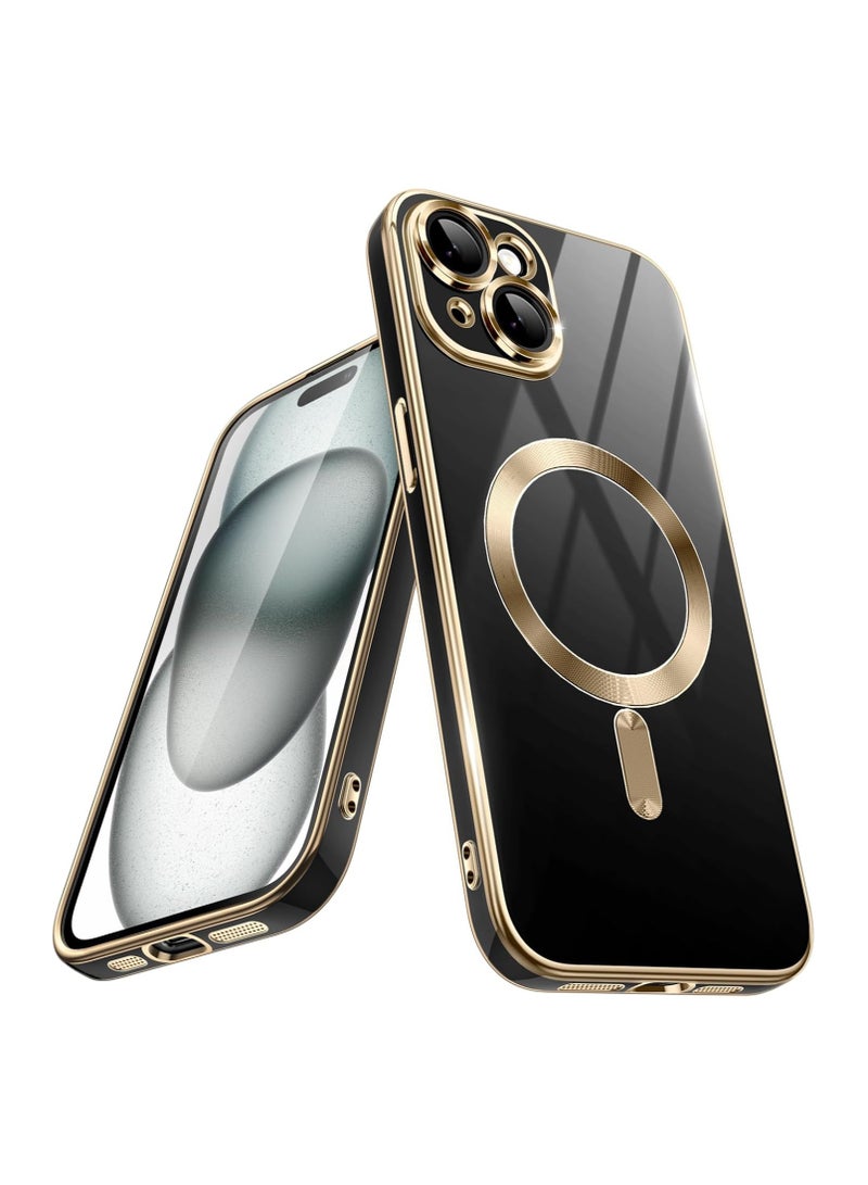 iPhone 15  Case [MagSafe Compatible] Full Camera Lens Protector Gold Plated Edge Soft TPU Shock Resistant Protection Phone Case for Women Men's (6.1 Inch )- Black - Image 1