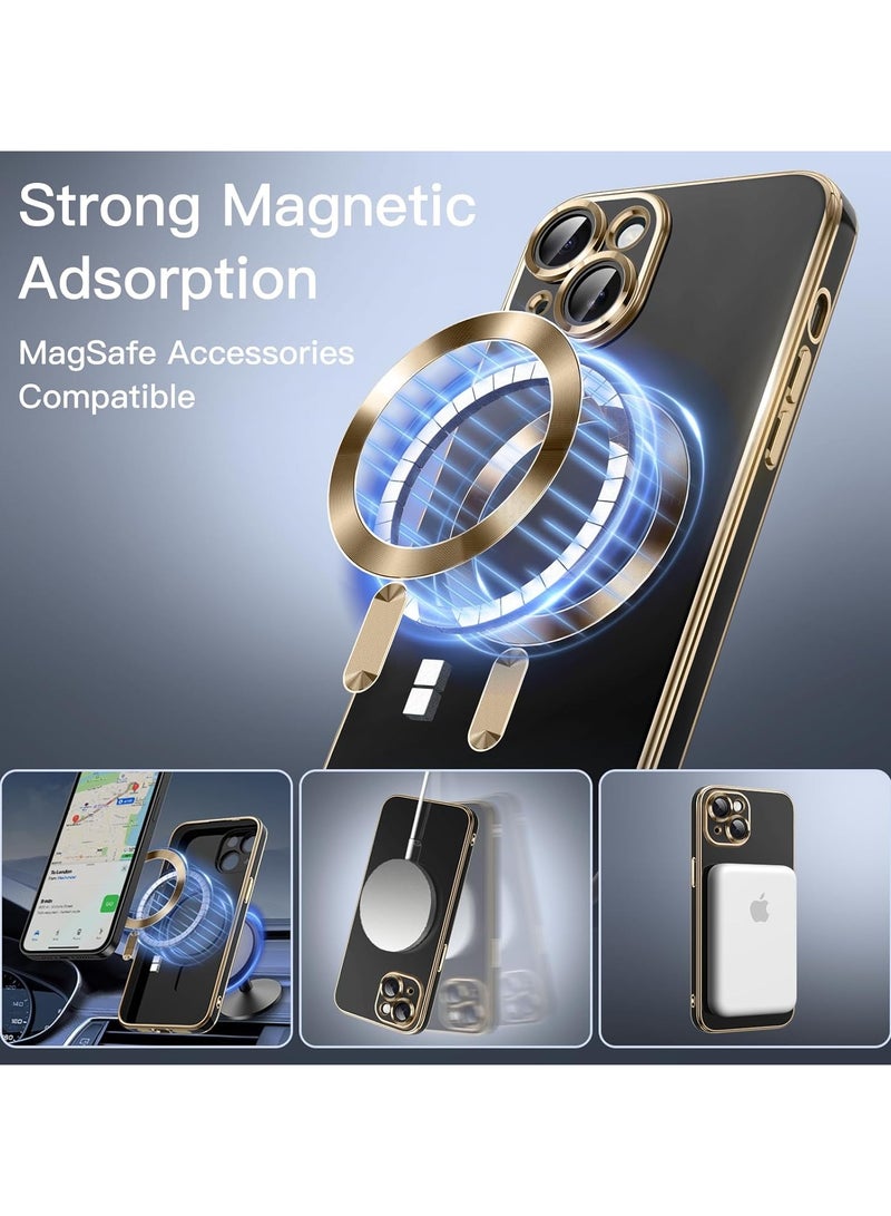 iPhone 15  Case [MagSafe Compatible] Full Camera Lens Protector Gold Plated Edge Soft TPU Shock Resistant Protection Phone Case for Women Men's (6.1 Inch )- Black - Image 2
