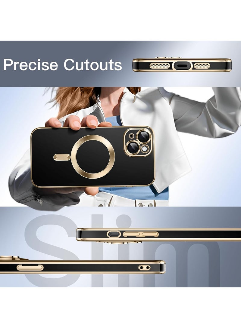 iPhone 15  Case [MagSafe Compatible] Full Camera Lens Protector Gold Plated Edge Soft TPU Shock Resistant Protection Phone Case for Women Men's (6.1 Inch )- Black - Image 3