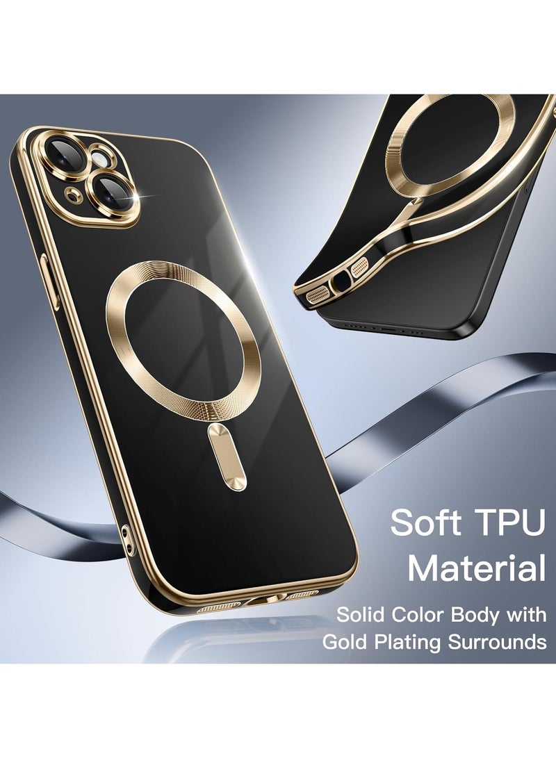 iPhone 15  Case [MagSafe Compatible] Full Camera Lens Protector Gold Plated Edge Soft TPU Shock Resistant Protection Phone Case for Women Men's (6.1 Inch )- Black - Image 4