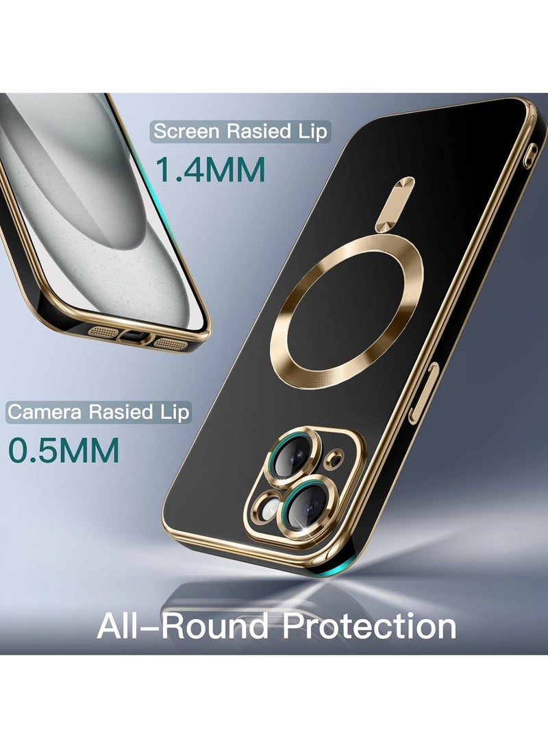 iPhone 15  Case [MagSafe Compatible] Full Camera Lens Protector Gold Plated Edge Soft TPU Shock Resistant Protection Phone Case for Women Men's (6.1 Inch )- Black - Image 5