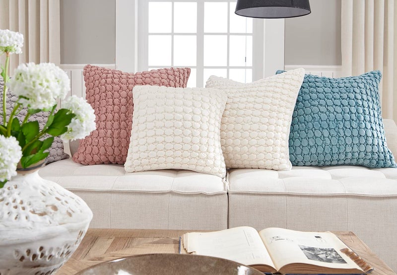 COCOPLOCEUS 1 Piece Euro Sham Boho 26x26 Pillow Covers Cream Decorative Farmhouse Euro Shams Velvet Square Cushion Covers Soft Bubble Texture for Couch Sofa Bedroom Living Room - Image 5