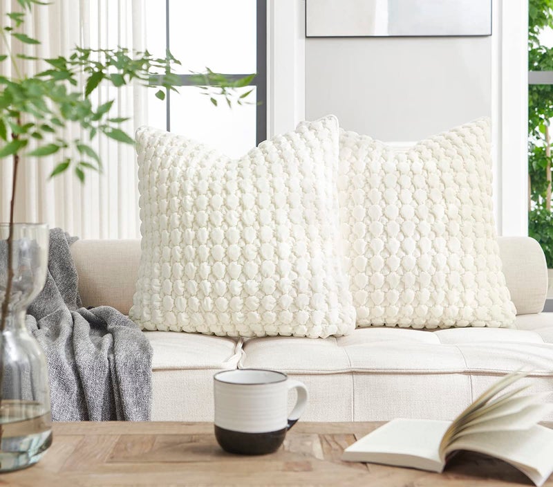 COCOPLOCEUS 1 Piece Euro Sham Boho 26x26 Pillow Covers Cream Decorative Farmhouse Euro Shams Velvet Square Cushion Covers Soft Bubble Texture for Couch Sofa Bedroom Living Room - Image 4
