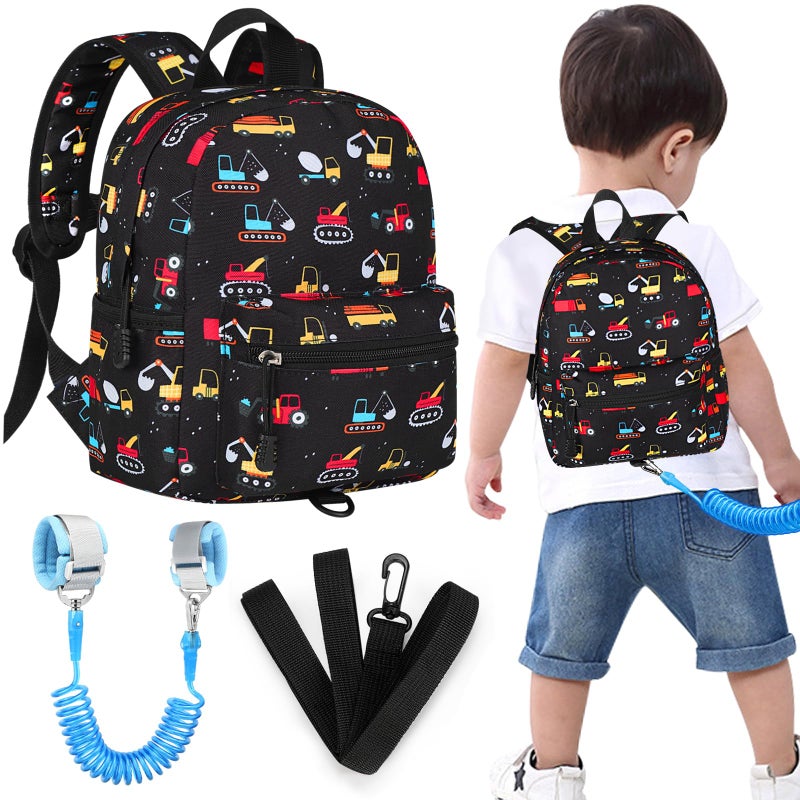 Accmor Toddler Backpack with Leash, Baby Backpacks with Anti Lost Wrist Link, Cute Mini Kids Backpack Leash Walking Harness for Travel, Small Excavator Backpack Tether for Boys Girls 1-3 (Black) - Image 1