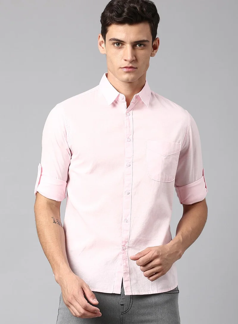 Slim Fit Pink Men's Solid Shirt, Spread Collar, Full Sleeves, 100% Cotton,